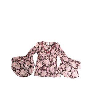 Allen B Womens Petite Bell Sleeve Floral Top S Boho Festival Viscose Pink Brown